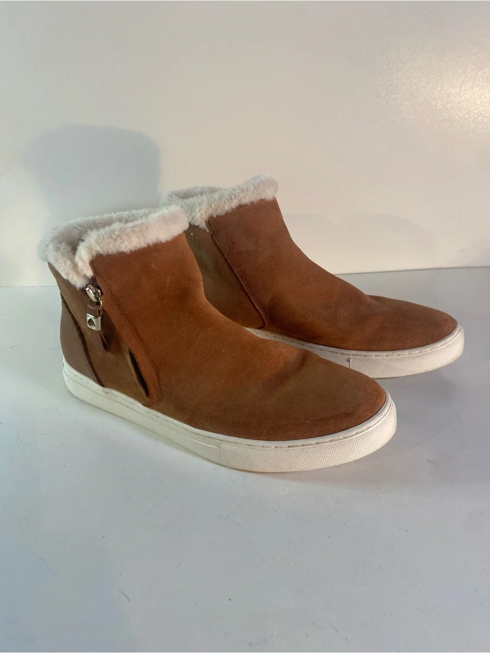 Kate Spade Harper Gingerbread Suede Winter Sneakers Plush White Faux Fur Lining